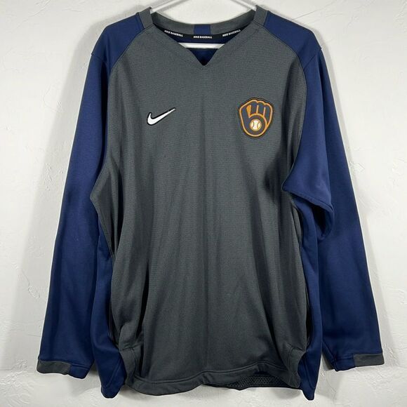 🔥⚾️ NIKE BASEBALL MILWAUKEE BREWERS MLB Warm Up Pullover Sweatshirt Sz XL - EUC - Picture 1 of 11
